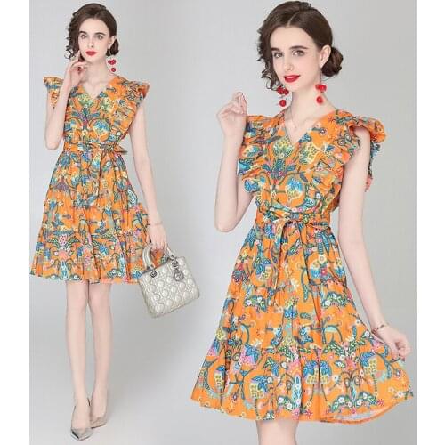 Dropshipping Wholesale Summer Fashion Floral Print V Neck Bow Ruffled Sleeveless Women Ladies Party Casual A-Line Midi Dress