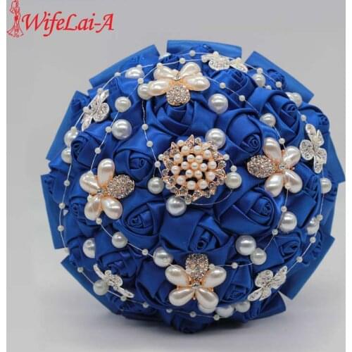 8 Styles 15cm Jewelry Beaded Wedding Flower Bridal Bridesmaid Bouquets Royal Blue Ribbon Bouquets Diamond Brooch Bouquet Small