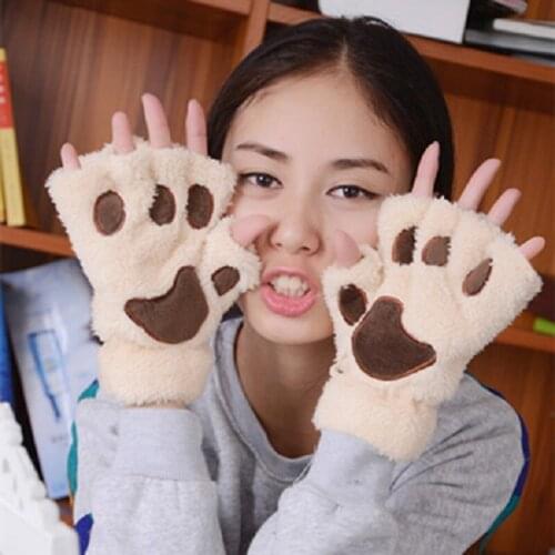 1Pair New Arrival Warm Winter Girl Women Paw Cashmere Gloves Fingerless Fluffy Bear Cat Plush Paw Lady Cosplay Mittens