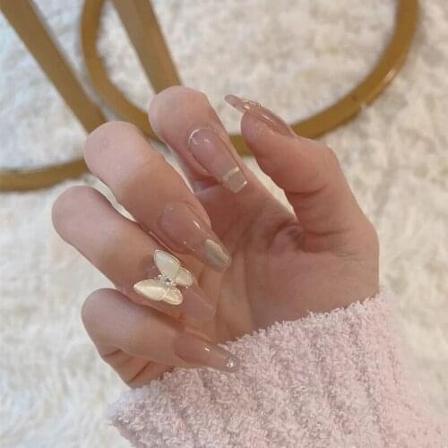 24pcs White Butterfly Nail Patch Glue Type Removable Long Paragraph Fashion Manicure Save Time False Nail Patch DL