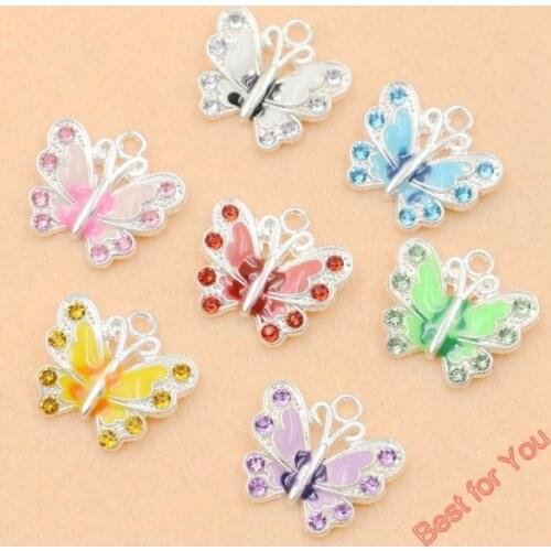 7pcs/lot Mixed Silver Plated Enamel Crystal Butterfly Charms Pendants For Jewelry Making Diy Handmade 21x22mm