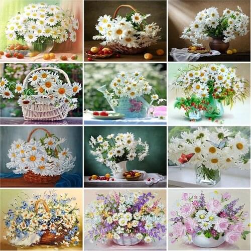 DIY 5D Diamond Painting Flower Vase Cross Stitc Kits Diamond Embroidery Daisy Mosaic Full Round Drill Rhinestones Home Decor
