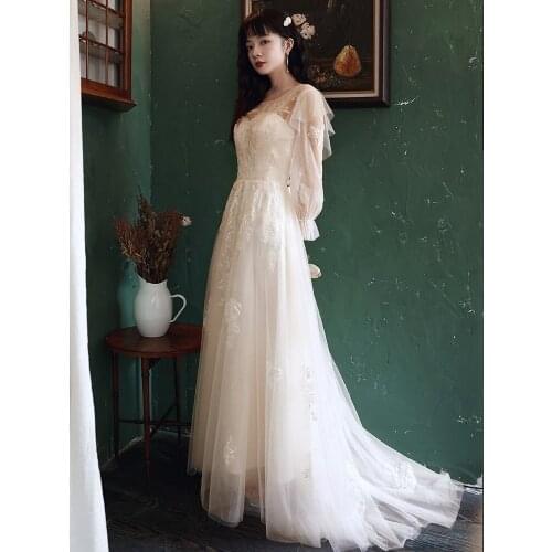 Elegant Champagne Bridesmaid Dresses Sweet Lace Embroidery Net Yarn Long Sleeve Floor-Length Formal Vestidos Formales