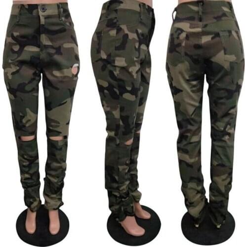 Camouflage Sports Trousers Ripped Casual Women Pants African Summer Clothing 2021 Fashion Army Green Slim Camouflage Trousers