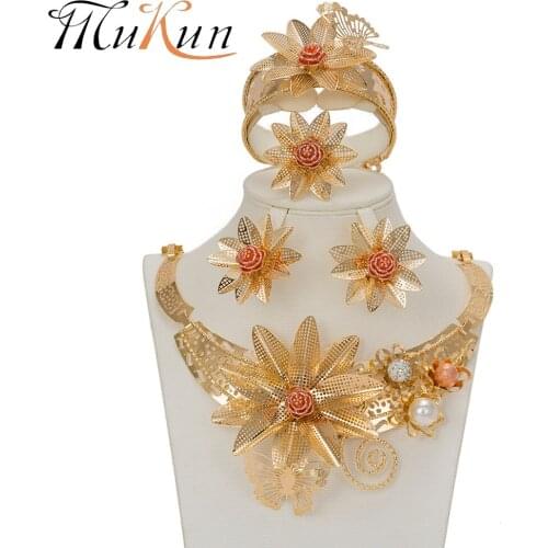 MuKun Jewelry set for Women Dubai Bridal Jewelry Set Fashion African Gold Color Jewelry Necklace Rings Bracelets Earrings Sets