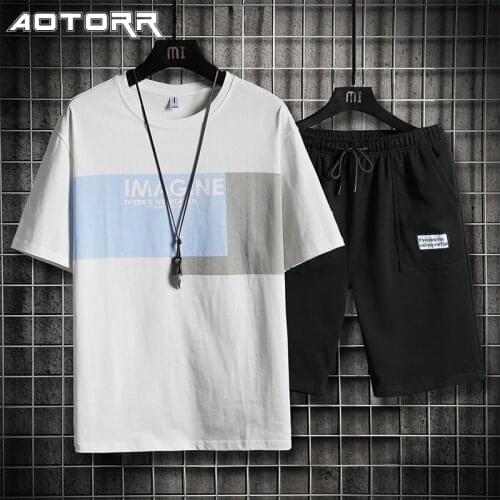 Men Summer Casual Tracksuit Patchwork T Shirts Set Printed Letter Short Sleeve Shorts Sporting Suits Mens Breathable Track Suit