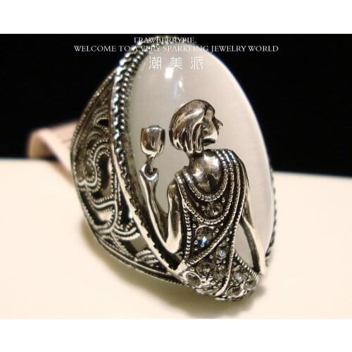 Hot sell new - free shipping vintage tibetan silver opal ring decorated female goddess finger rings