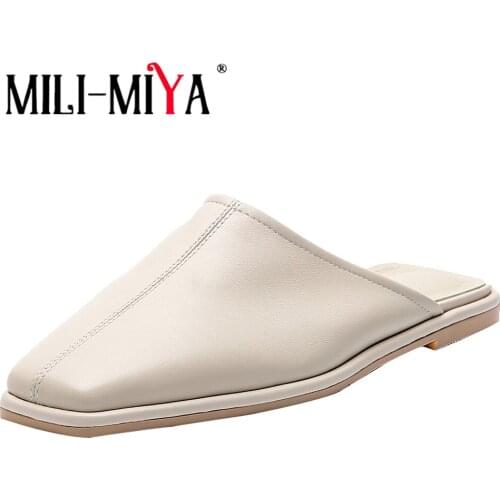 MILI-MIYA Fashion Women Vintage Flat Slippers Ladies Soft Sheepskin Mules Slip On Square Toe Comfortable Party Casual Footwear