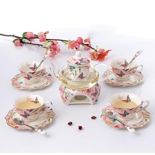 Fashion Sakura Butterfly Flower Tea Tea Ware Coffee Set Heatable Warm Tea Stove Glass Teapot Ceramic Coffee Cup Saucer Spoon Set