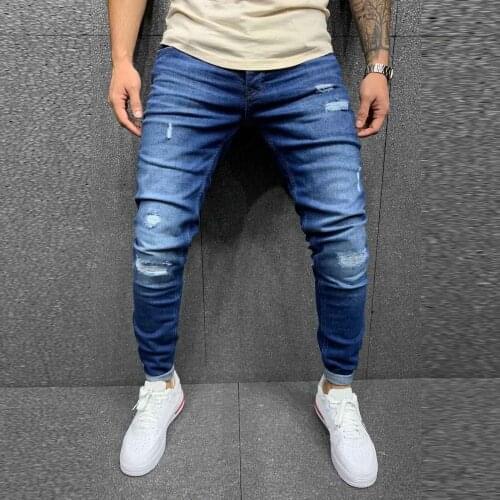 Men denim trousers slim Striped Zipper Denim Hole zipper Vintage solid Blue Wash Hip Hop Work Skinny Trousers Jeans Pants #40