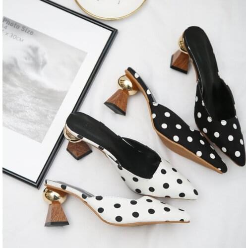 2021 Brand Fashion Mules Polka Dot Women High Heels for Women Pointed Toe Slip on Flip Flops Women Slippers