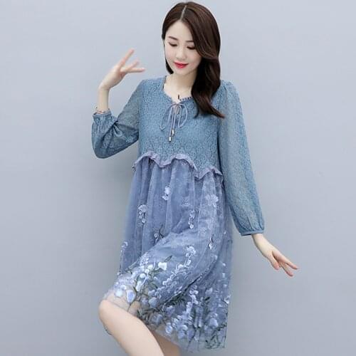 2021 Newly Spring Autumn Casual Women Sweet Ruffles Embroidery Blue Dress , Woman Clothes Lace Patchwork Dresses