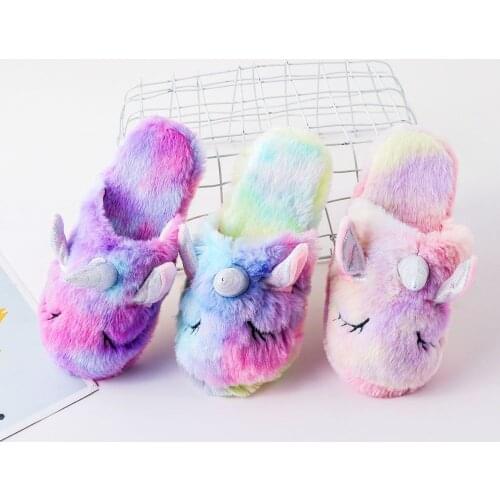 New Animal Cartoon Children Soft Warm Slippers for Girls Rainbow Unicorn Kigurumi Pajamas Shoes