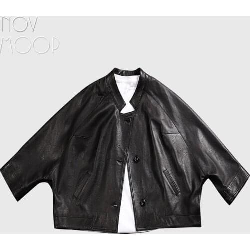 Novmoop sheepskin genuine leather women oversize jacket batwing sleeve daily wear smart casual coat LT3519