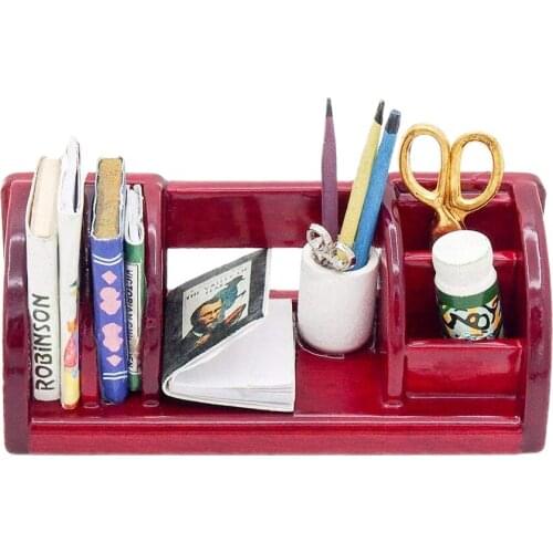 Odoria 1:12 Miniature Office Table Stationery Organizer Storage Box Wood Red Study Tool Model Set Dollhouse Accessories Decor