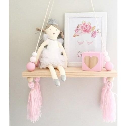 Storage Shelf Rack Wall Hanging Nordic Nursery Kids Decor Tassels Wood Toys Model Baby Kid Room Furnish Artic Home Decoration