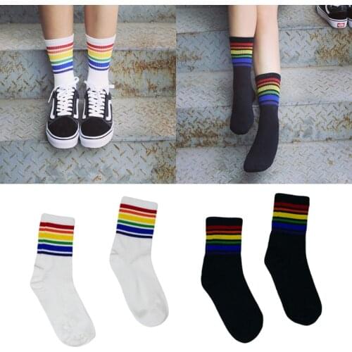 Harajuku Rainbow Striped Stockings Cool Skateborad Long Socks Ankle Socks Female