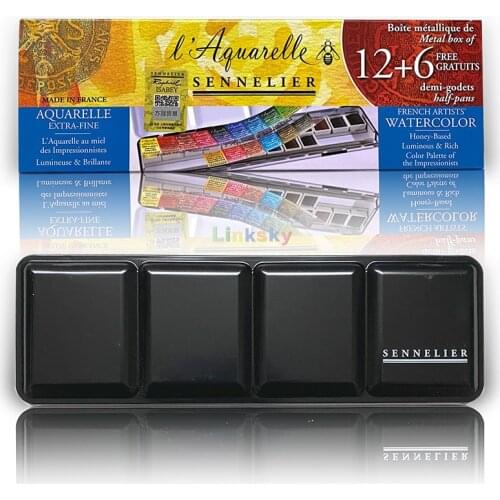 Sennelier L'Aquarelle French Artist Watercolor Metal Case Set of 12 + 6 Half Pan, Professional Supplies for Artist