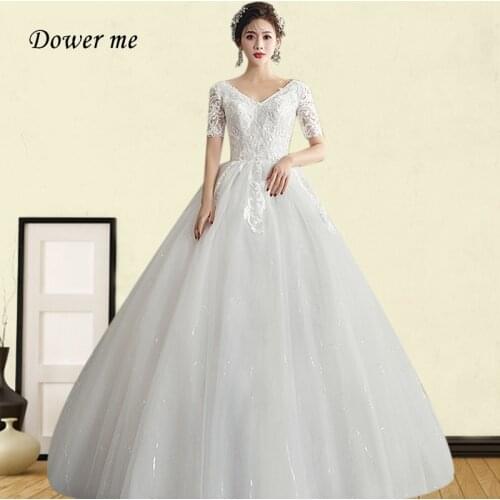 V-neck Wedding Dresses GR717 Elegant Short Sleeve Vestidos De Novia Shining Lace Wedding Dress Plus Size Train Brail Gowns