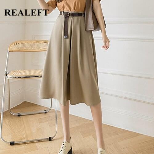 REALEFT 2021 Womens A-Line Summer Skirts with Belt High Waist Solid Color Elegant Korean Style Female Office Casual Skirts