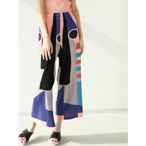 2020 Summer Casual Women Cargo Trousers Loose Plus Size Miyake Pleated Painting Wide Leg Straight Cropped pants