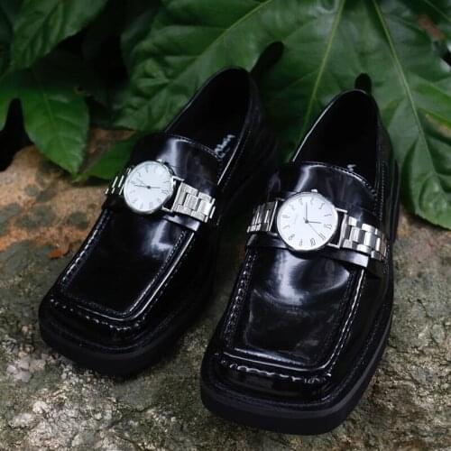 Womens Retro Platform Square Toe Fake Watch Decor Creepers Gothic Oxfords Black Japanese Harajuku Shoes Wingtip 2021