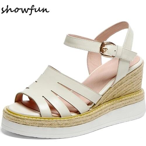 Womens genuine leather wedge platform sandals cage cut-out summer open toe high heel comfortable OL style casual dress shoes