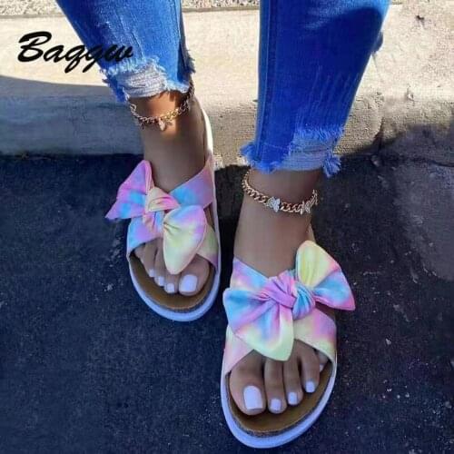 2021 Women Slippers Summer Fashion Leopard Rainbow Color Lovely Bow-tie Slippers Open Round Toe Flats Beach Slides Shoes Sandal