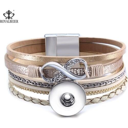 ROYALBEIER Jewelry Women Bracelets Multi-layer Leather Rope Rhinestone Alloy Accessories Magnet Clasp Bangle Bracelete Feminino