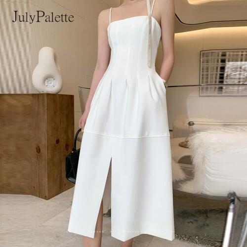 JulyPalette Sexy Split Spaghetti Strap Long Dress Elegant White Women Sleeveless Party Dress Casual Female High Waist Slim Dress