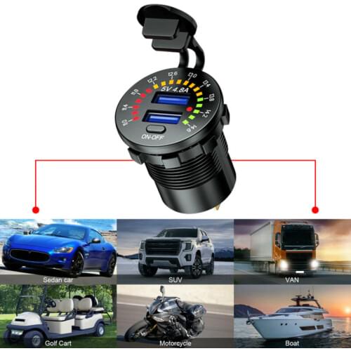 12V Dual USB 4.8A Fast Car Charger Socket Power Outlet W/ LED Digital Voltmeter USB Charger With Colorful Digital Voltmeter