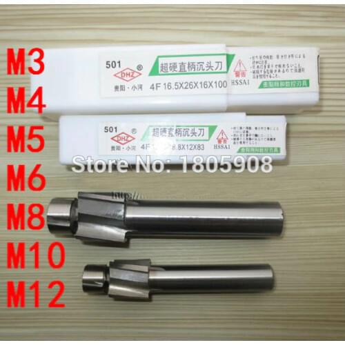 Free Shipping 7pcs 4 Flute AL HSS Counterbore End Mill M3--M12 metric Endmill/sink holes drilling head milling cutter