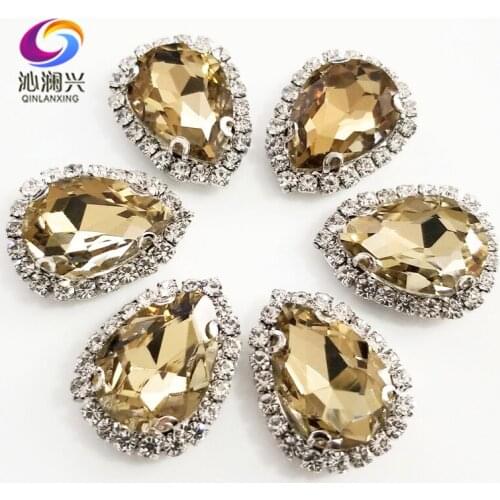 Free shipping Top grade Silver bottom Glass Crystal buckle,Light coffee Drop shape sew on rhinestones,Diy/wedding decoration
