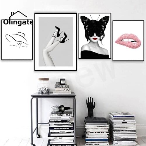 Black White Posters Print Abstract Line Face Canvas Painting Fashion Lady Butterfly High Heels Wall Art Pictures Bedroom Decor