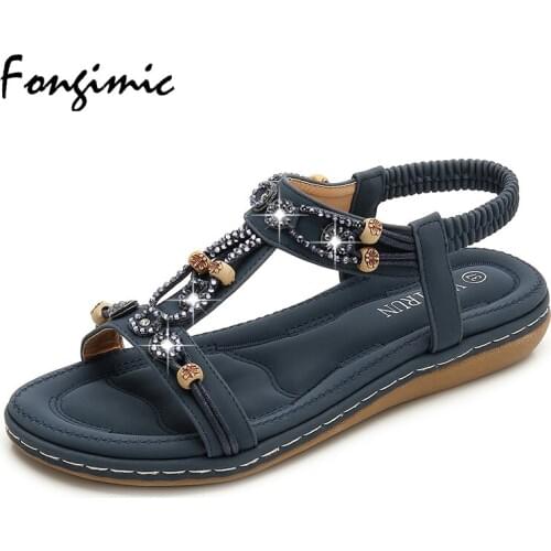 FONGIMIC Bech Sandals Summer Women Flat Shoes Casual Bohemia Beaded rhinestone Summer Shoes Lady High Quality Girl Sandals