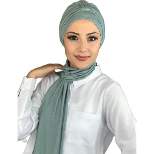 Islamic Fashion Muslim Hijab Lady Hijab 2021 Trend Scarf Bone Beanie Ready Shawl Scarf Buckle Hat Mint Green Bone Wrap