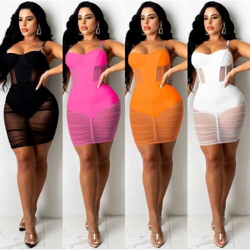 SUJYing Summer 2021 New Solid Color Sexy Strapless Backless See-through Womens Dress