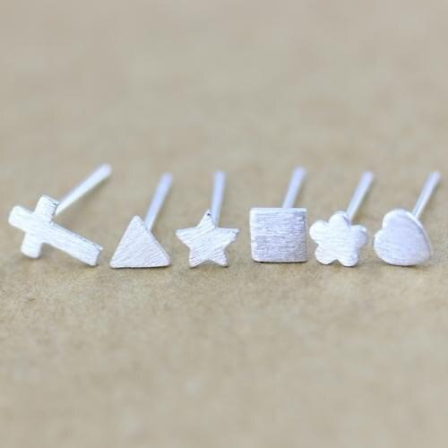 Cute Girls Tiny Matte Cross Triangle Heart Square Earring Women Korean Style Flower Star Stud Earing Female Jewelry Party Gift
