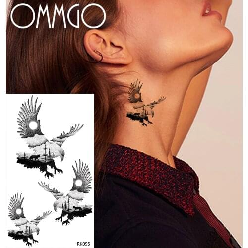 OMMGO Forest Soar Eagle Temporary Tattoos For Women Men Neck Ankle Tatoos Paper Waterproof Black Fake Wrist Bird Tattoo Stickers