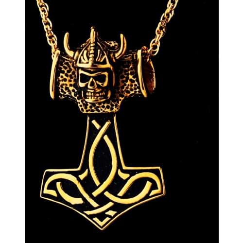 Mens gold color Thor hammer necklace,stainless steel fashion Norse Mjolnir Pewter Skull Pendant chain Necklace for men,23"