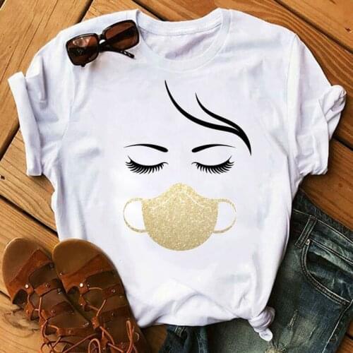 New Fashion Women T Shirt Eye and Face Mask Print Tops Tee Female Short Sleeve Tee Shirts Summer T-shirt Casual White T-shirt