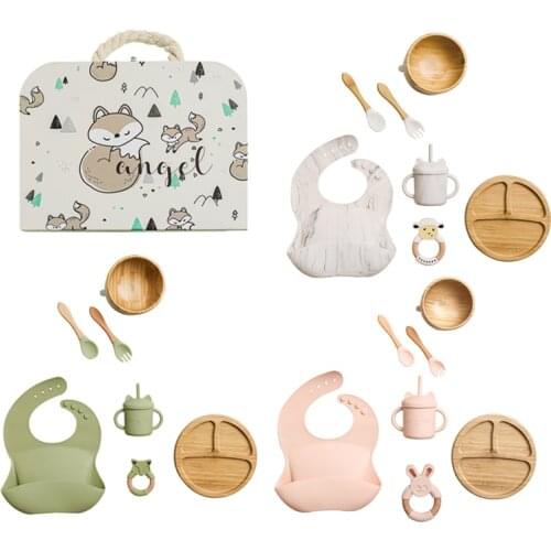 2021 New Baby Feeding Bamboo Tableware Set With Spill Proof Food Grade Non-Slip Baby Product Bamboo Bowl Silicone Spoon Cup Set