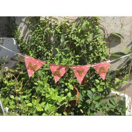 Personalized birthday party name banner Polka Dots cherry pink bunting home garland baby shower banner gold pu leather letter