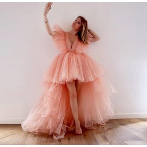 High low deep v neck prom dresses trendy tulle blush pink tiered tulle deep v neck ruched high low tiered ruffles tutu evening