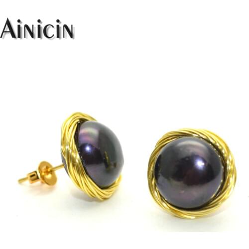 Dark Black Color Natural Freshwater Pearl handmade Gold Wire Manual winding Stud Earrings Luxury Women Birthday Gift Jewelry