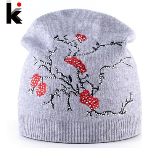 Femal Beanies Hat Women Autumn And Winter Plum Flower Embroidery Knitted wool Cap Ladies Knitting Skullies Bonnet Girls Gorros