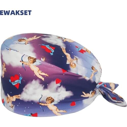 Scrubs Cap with Sweatband Angel Print Dentist Clinic Surgicals Hat Veterinary Beauty Salon Pharmacy Lab Working Hats Scrub Caps