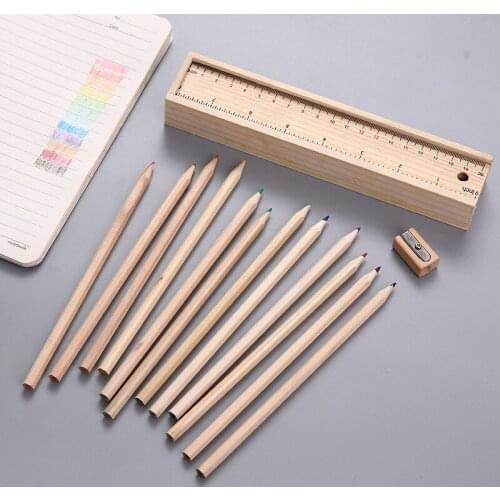 Pull-out Wooden Stationery Box 12 Color Color Lead Set With Wooden Pencil Sharpener 15CM Wooden Ruler Custom Gifts
