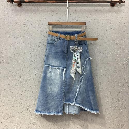 2021 Women Spring Summer Vintage Denim Skirts Female Chic Sashes Irregular High Waist Skirt Lady Casual Solid A-line Faldas D853