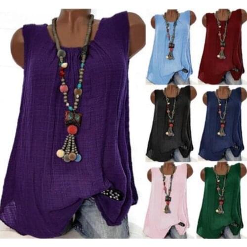 Ladies Loose Retro Cotton Linen Blended Sleeveless Vest T-shirt